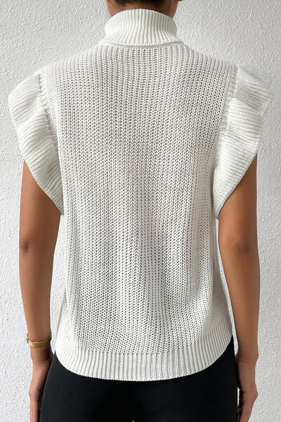 Women cable knit turtleneck cap sleeve top