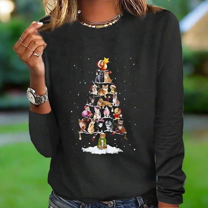 Women's cat christmas tree print pullover long sleeve top