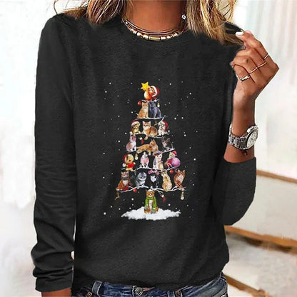 Women's cat christmas tree print pullover long sleeve top