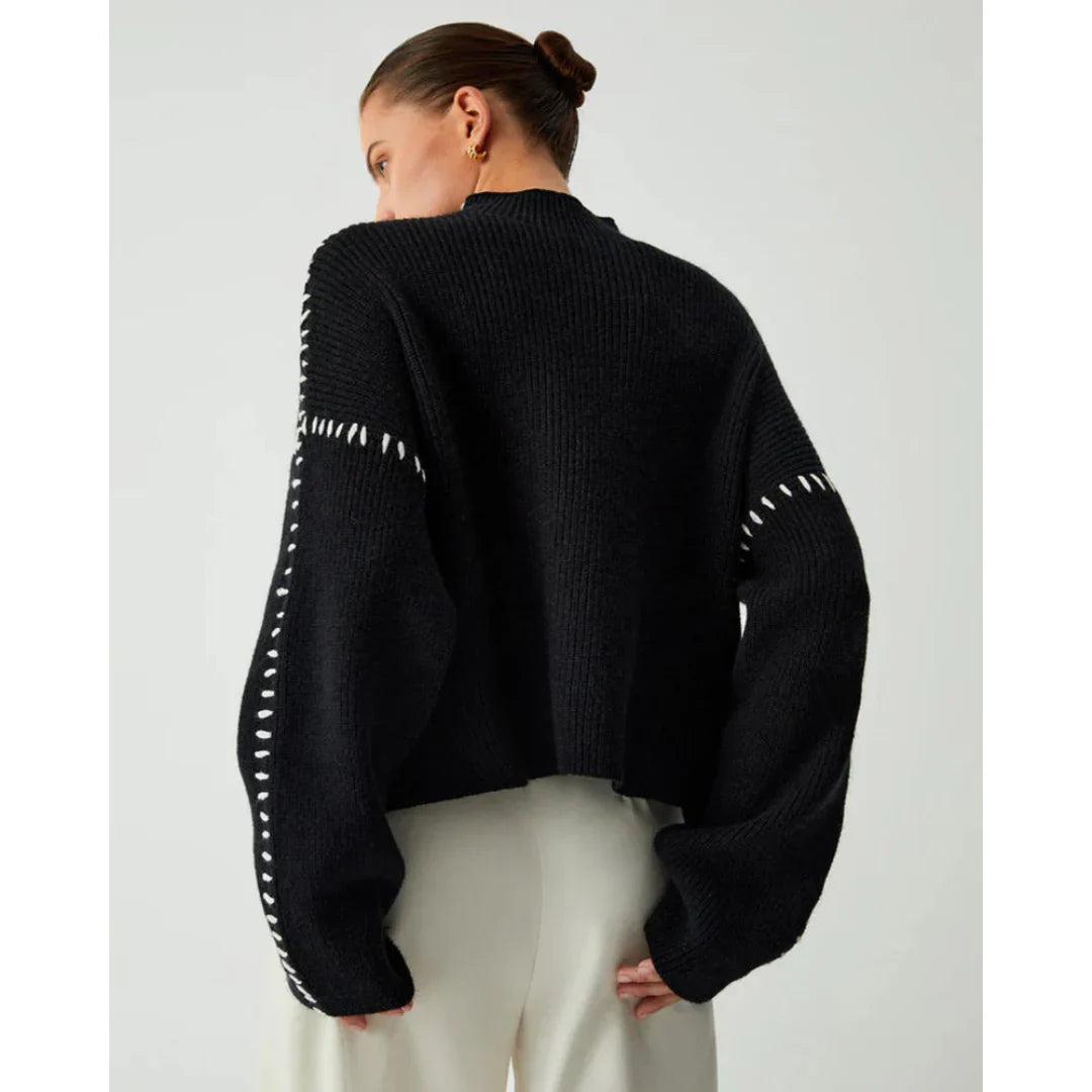 Women's black loose casual stitching sweater