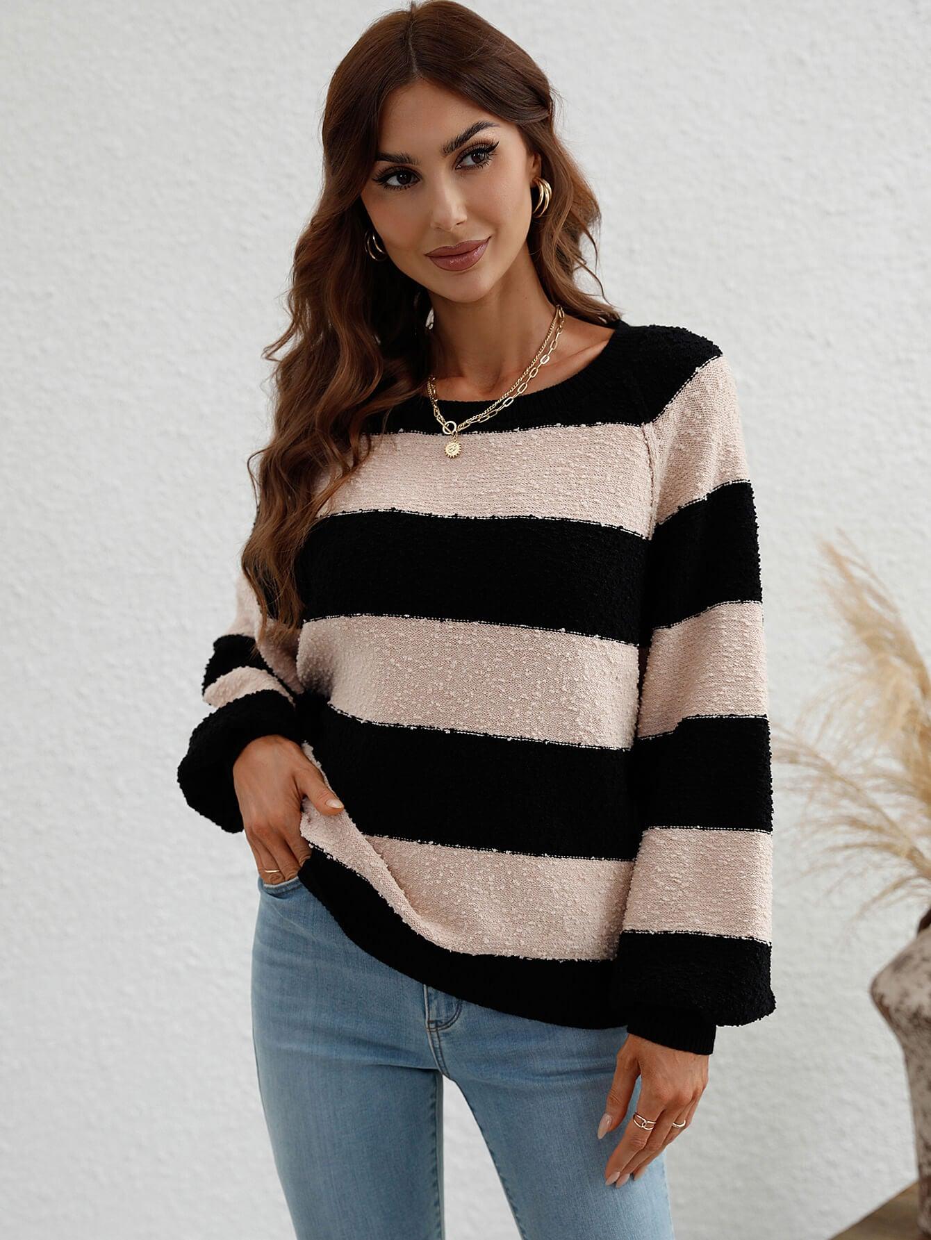 Chelo - striped raglan sleeve ribbed trim knit top