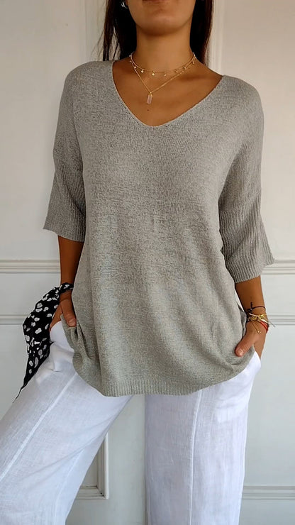 Women's casual slim fit v-neck 3/4 sleeve knitted sweater