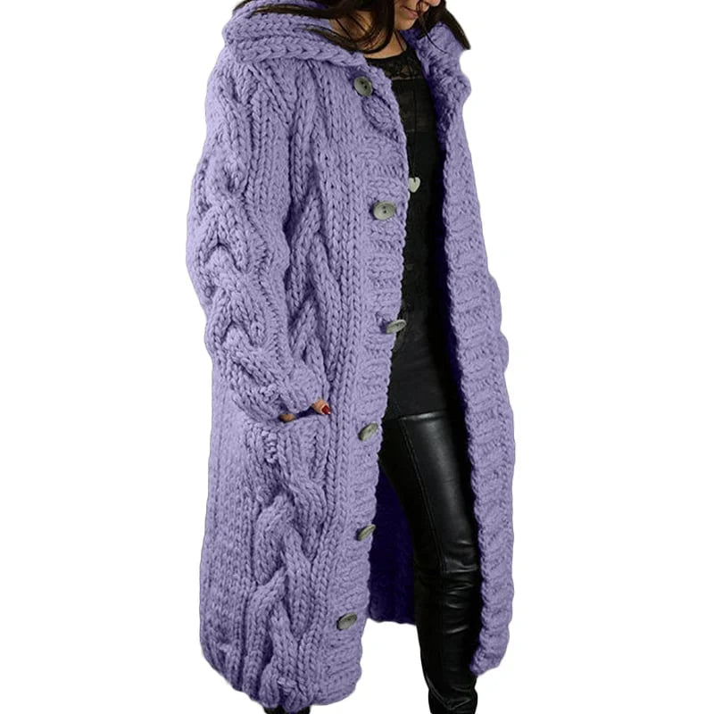 Women's long warm knitted cardigan with button closure