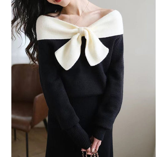 Aria - off-shoulder knitted sweater with front bow