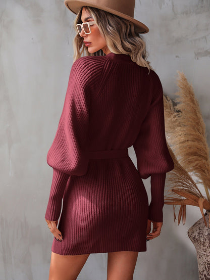 Linett - belted surplice lantern sleeve wrap sweater dress