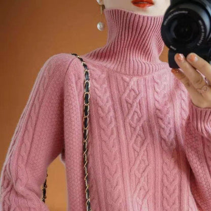 Autumn/winter women's cable knit turtleneck pullover sweater