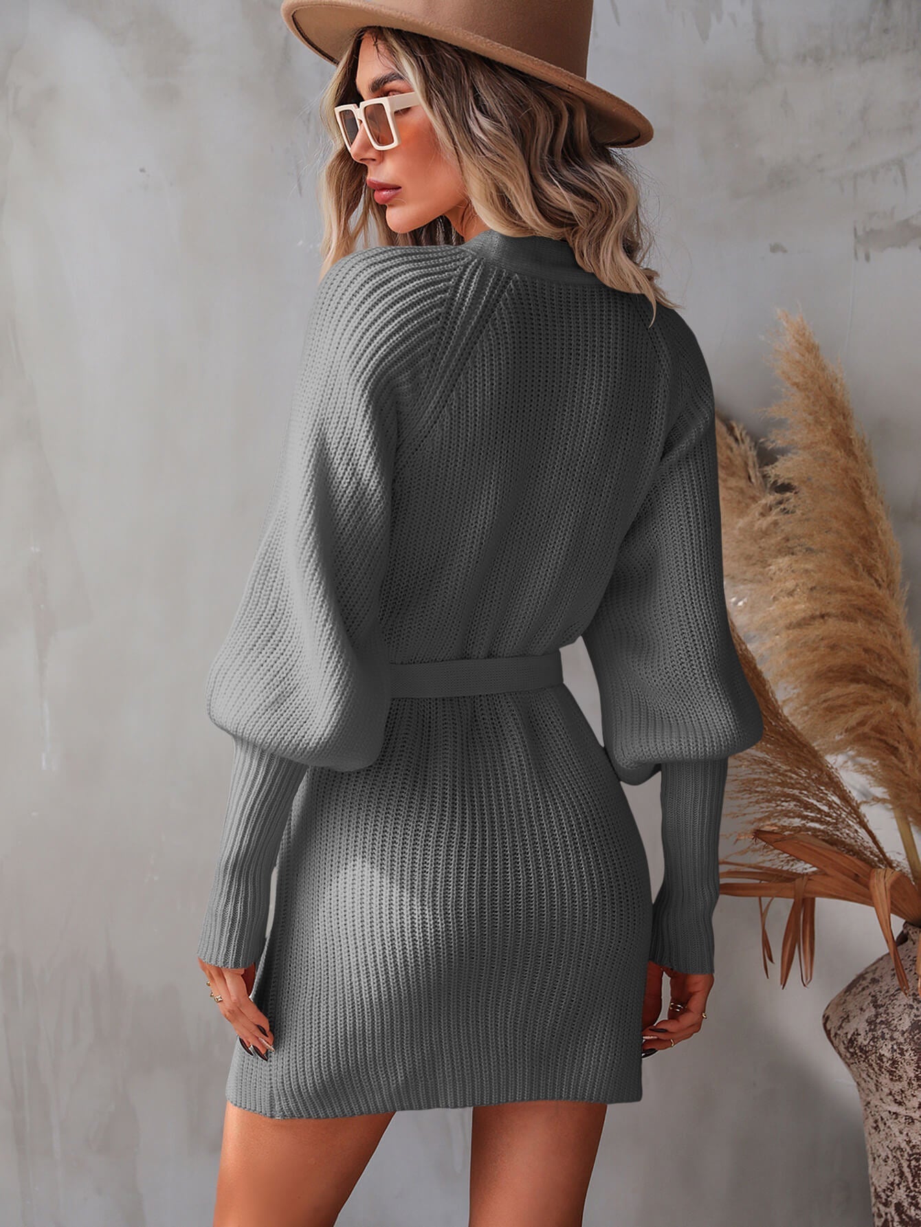 Linett - belted surplice lantern sleeve wrap sweater dress