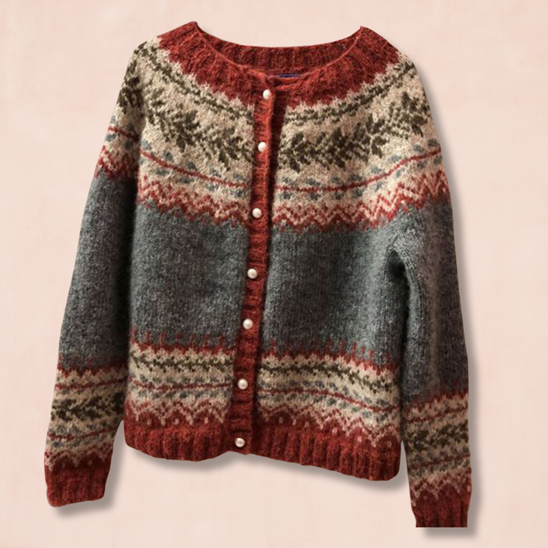 Skylar - ethnic style jacquard single-breasted knit sweater