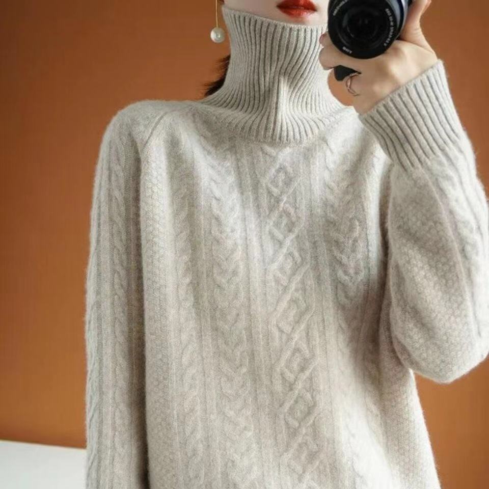 Autumn/winter women's cable knit turtleneck pullover sweater