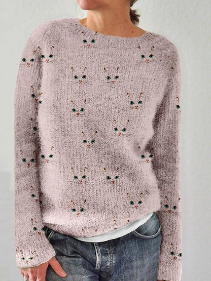 Women's cat print  round neck pullover sweaters