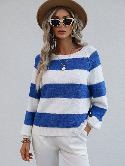 Chelo - striped raglan sleeve ribbed trim knit top