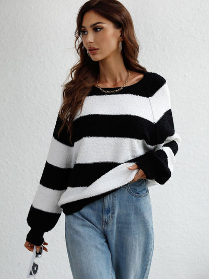 Chelo - striped raglan sleeve ribbed trim knit top