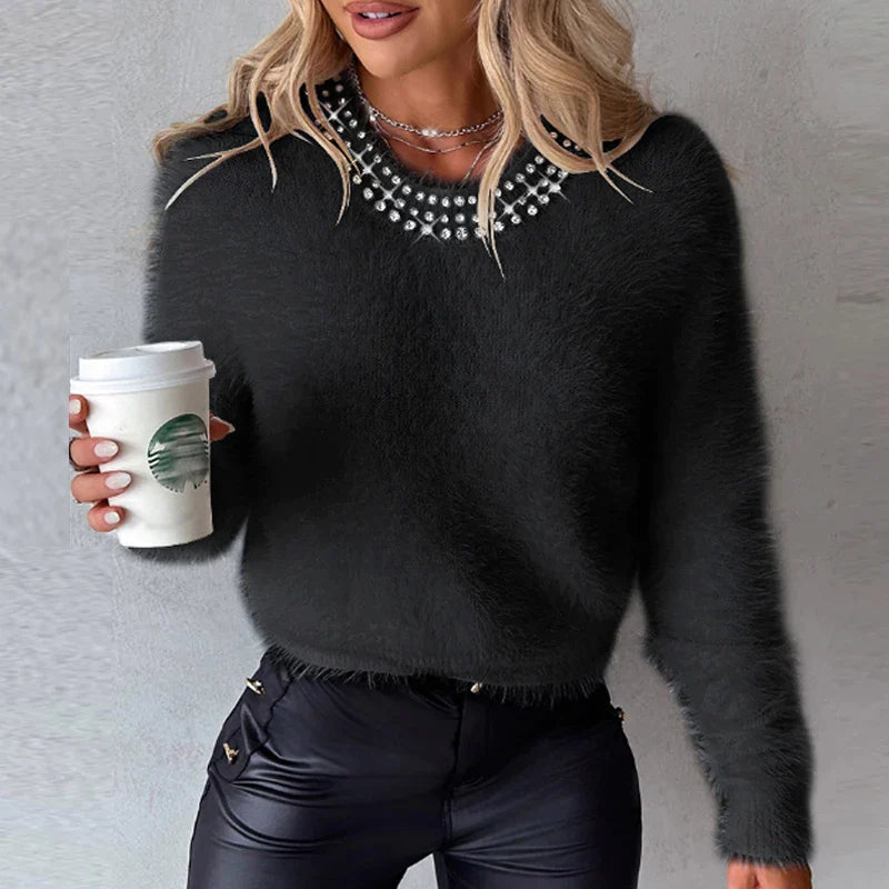 Women's beaded fur collar short knit sweater