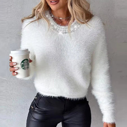 Women's beaded fur collar short knit sweater