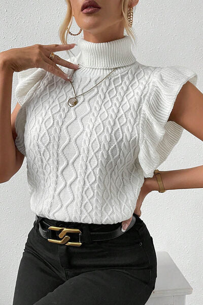 Women cable knit turtleneck cap sleeve top