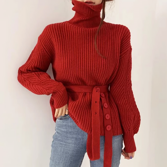 Women's chic autumn/winter high-neck knit sweater with slouchy fit and puff sleeves