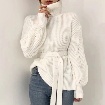 Women's chic autumn/winter high-neck knit sweater with slouchy fit and puff sleeves