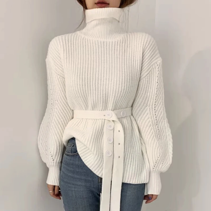 Women's chic autumn/winter high-neck knit sweater with slouchy fit and puff sleeves