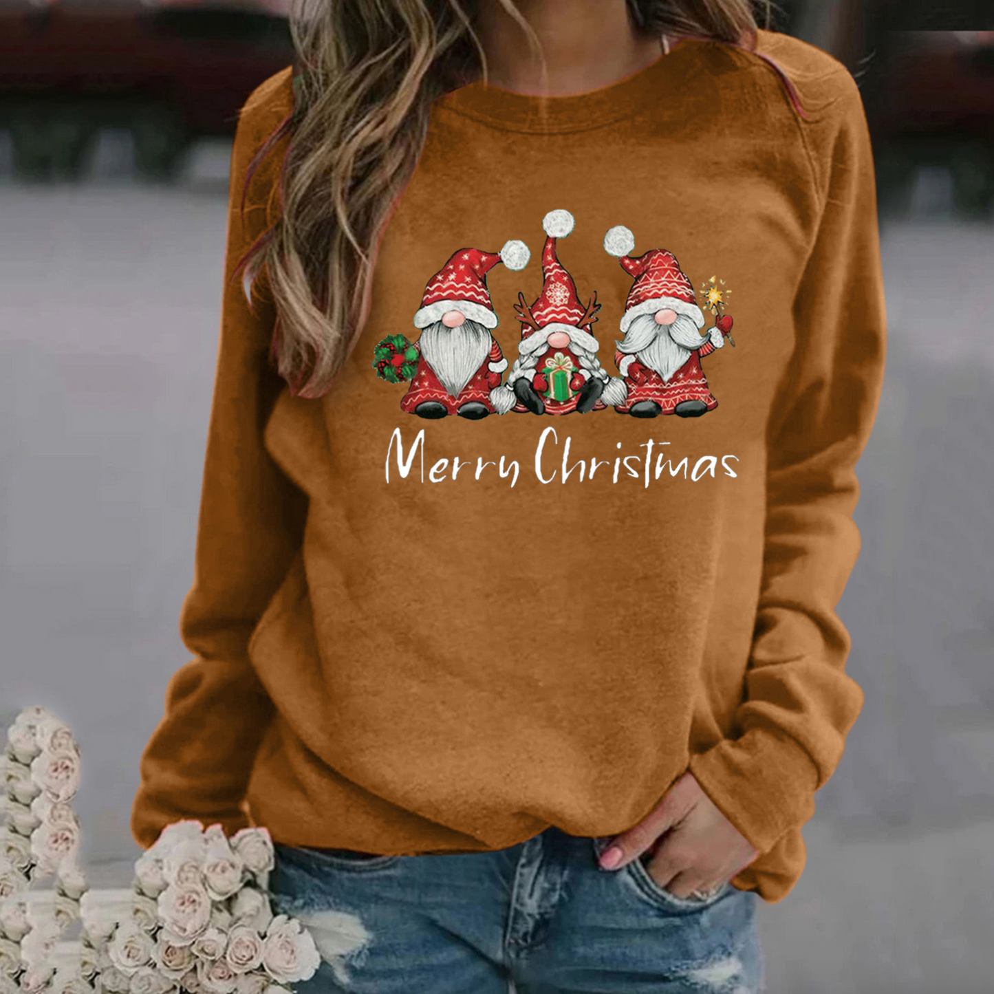 Women's christmas print long sleeve round neck sweatshirt