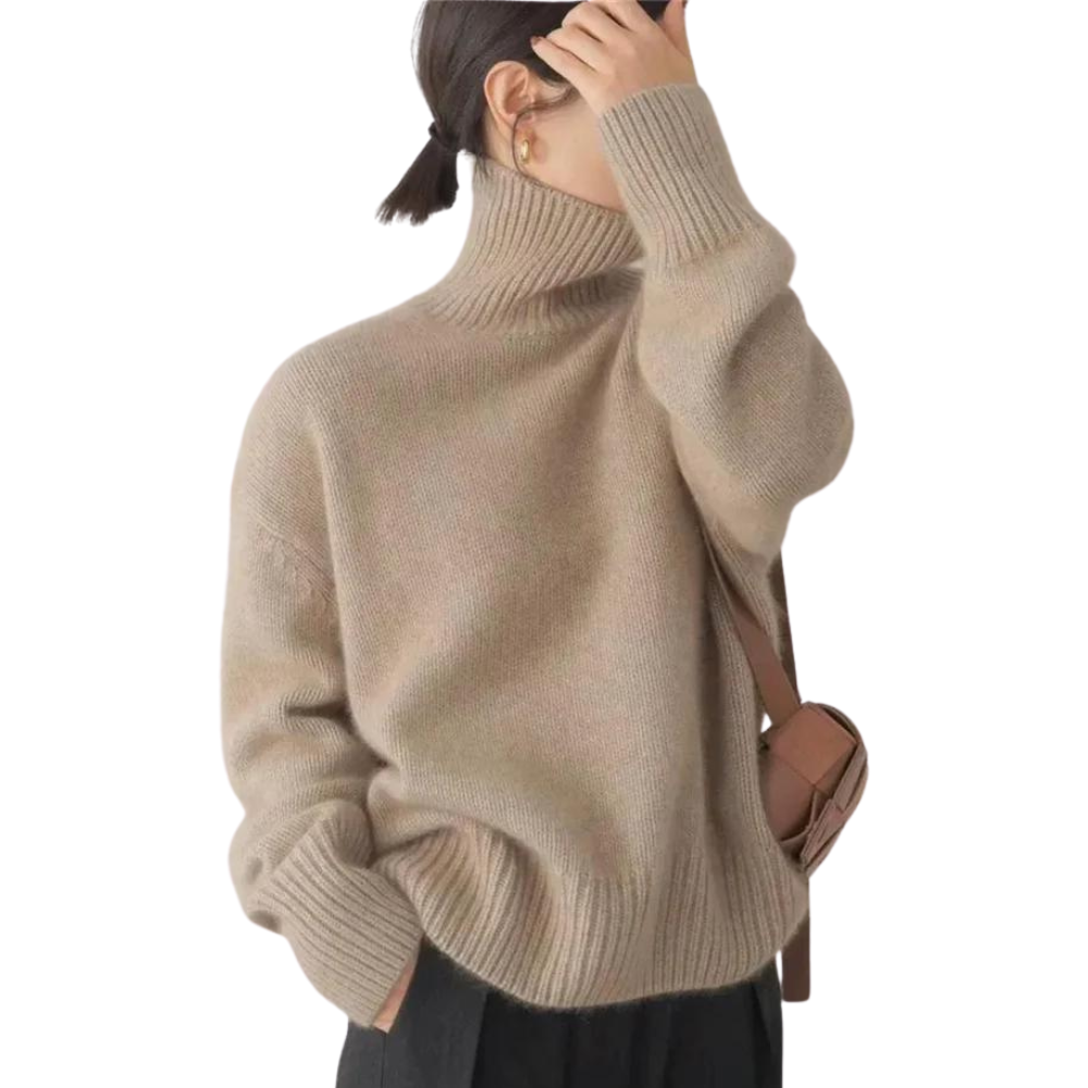 Women's casual turtleneck loose sweater with a ribbed hem