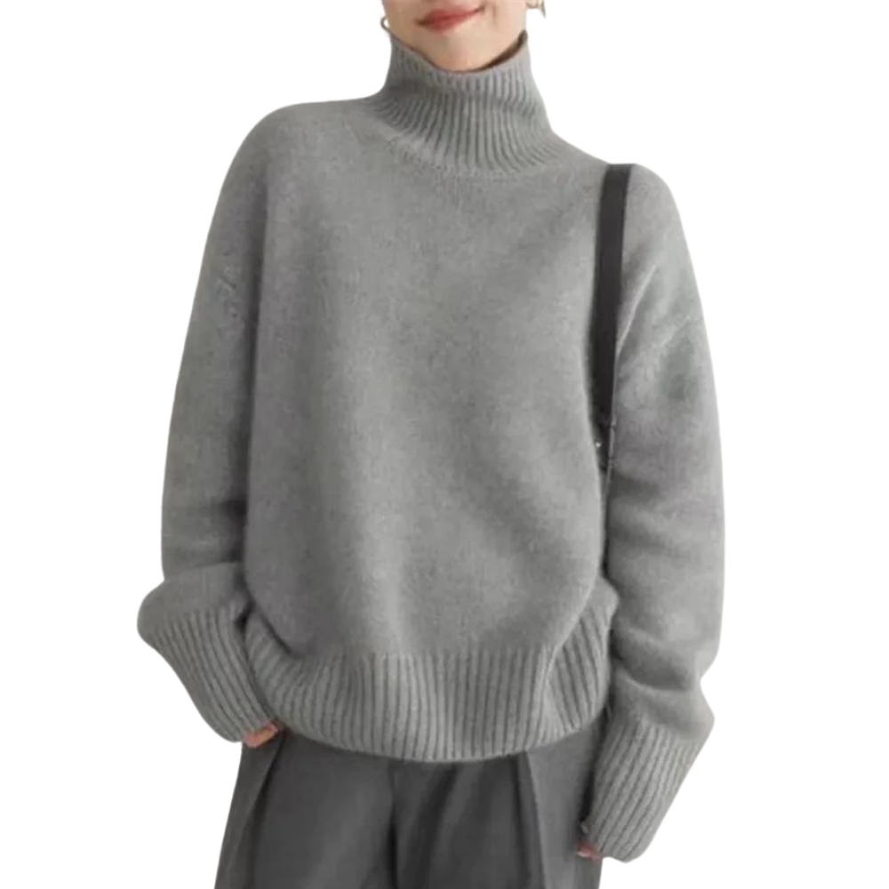 Women's casual turtleneck loose sweater with a ribbed hem