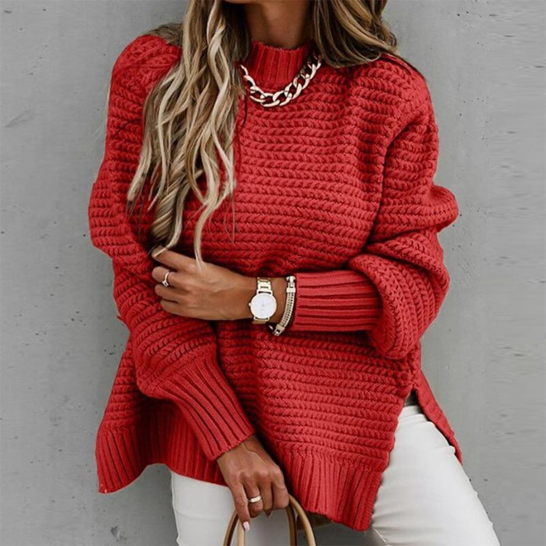 Women's casual waffle mock neck long-sleeve knit sweater with side slits