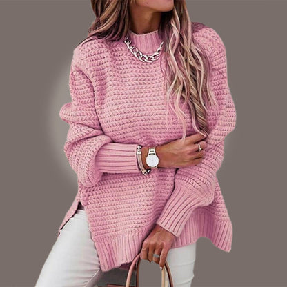 Women's casual waffle mock neck long-sleeve knit sweater with side slits