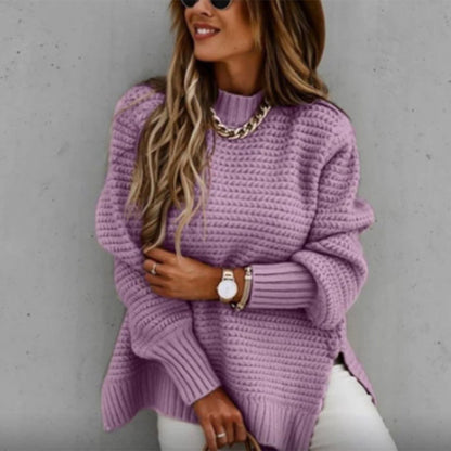 Women's casual waffle mock neck long-sleeve knit sweater with side slits