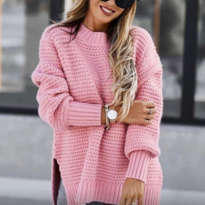 Women's casual waffle mock neck long-sleeve knit sweater with side slits