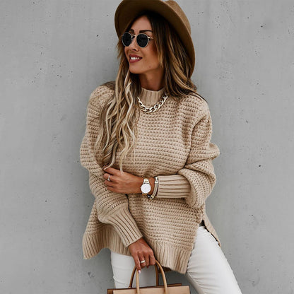 Women's casual waffle mock neck long-sleeve knit sweater with side slits