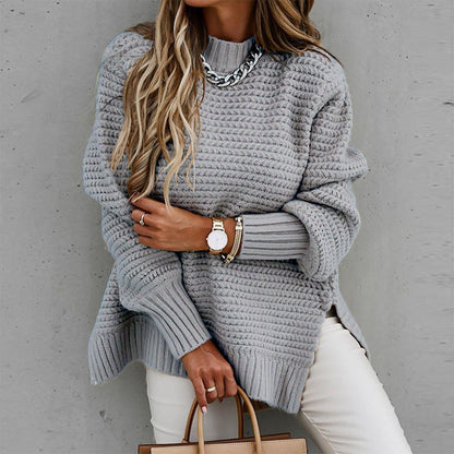 Women's casual waffle mock neck long-sleeve knit sweater with side slits