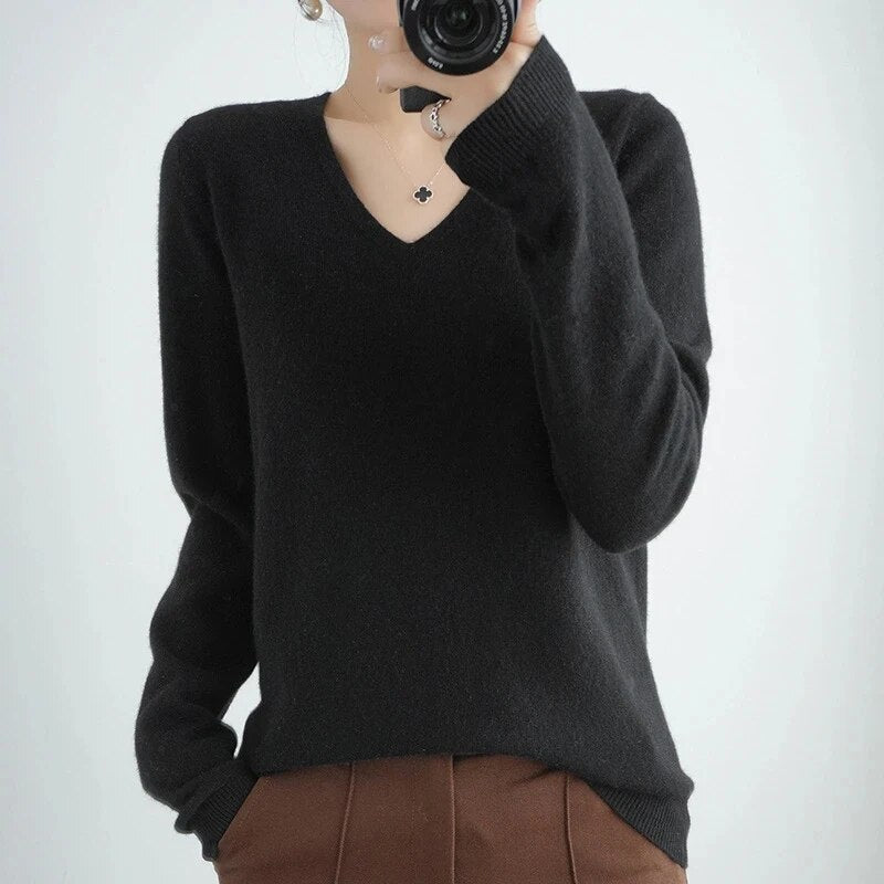 Women's basic knitted v-neck sweater