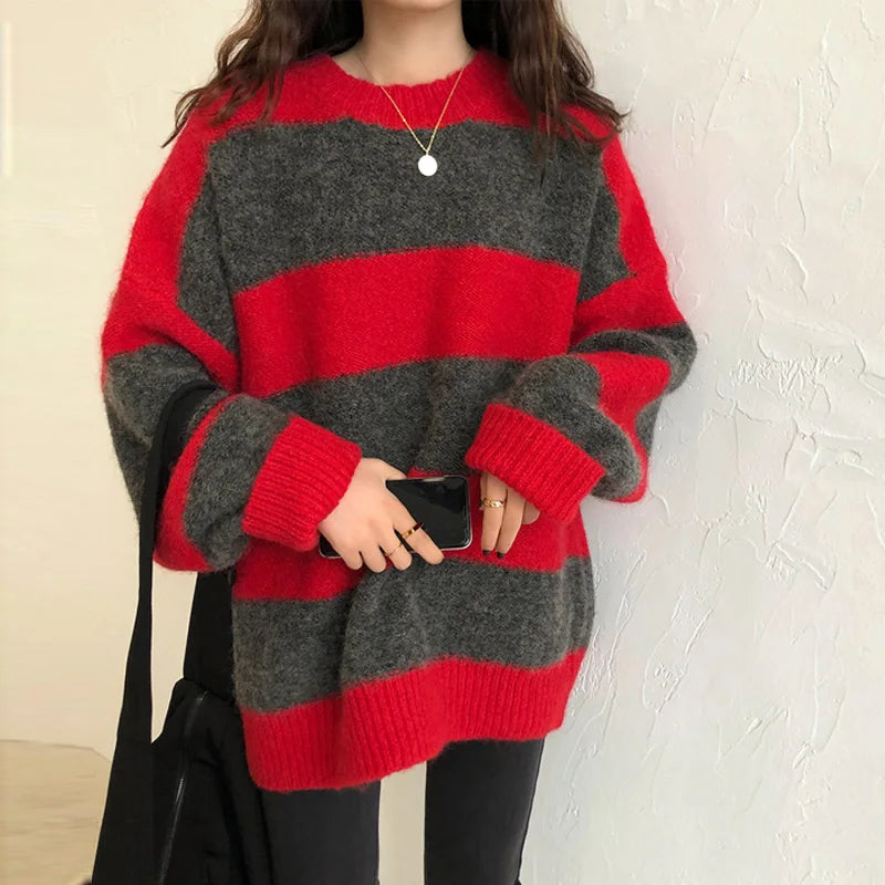 Women's casual contrast striped loose knitted sweater