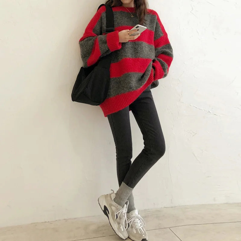 Women's casual contrast striped loose knitted sweater