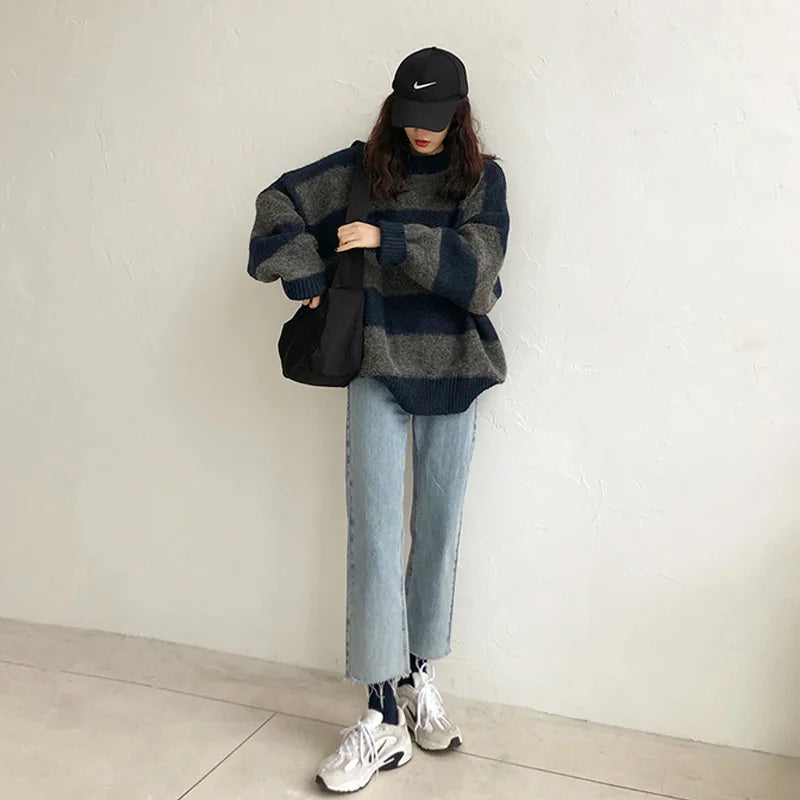 Women's casual contrast striped loose knitted sweater