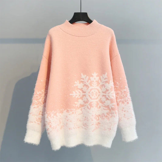 Women's Christmas snowflake pullover sweater round neck