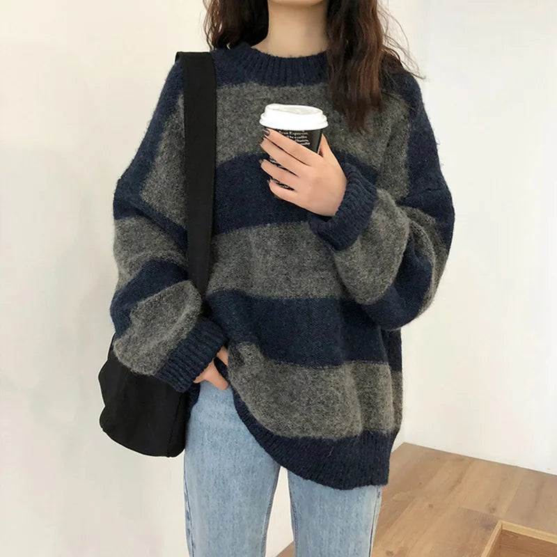 Women's casual contrast striped loose knitted sweater