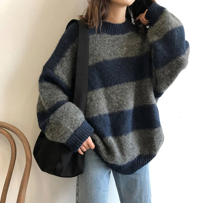 Women's casual contrast striped loose knitted sweater