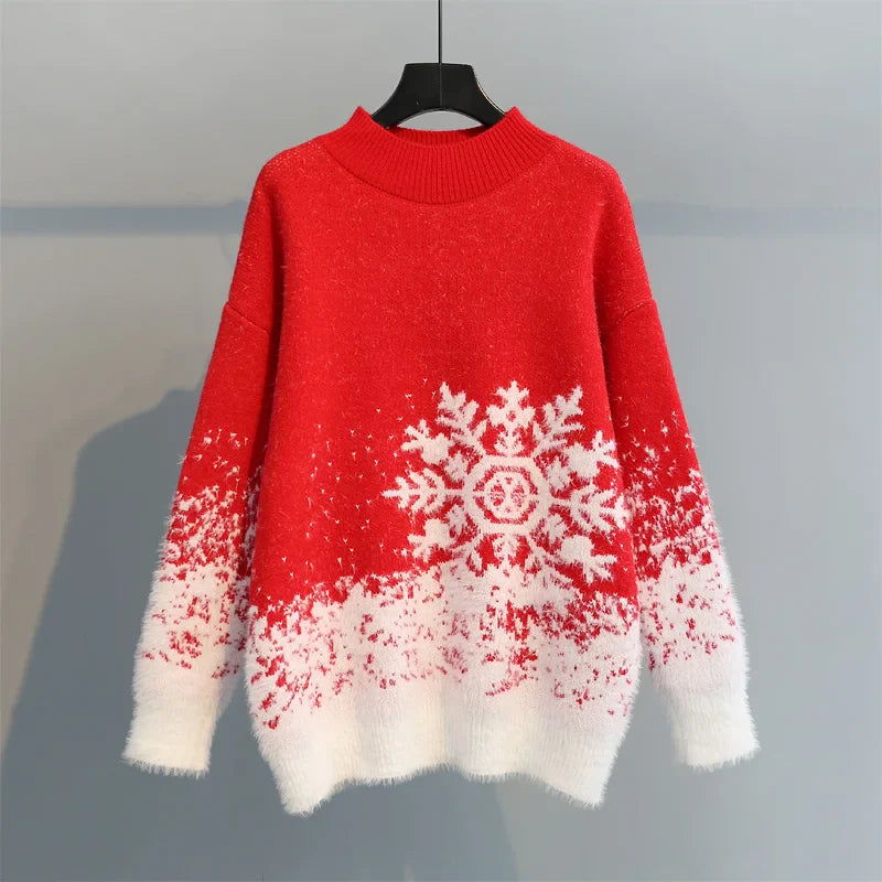 Women's Christmas snowflake pullover sweater round neck