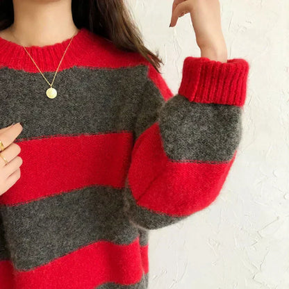 Women's casual contrast striped loose knitted sweater