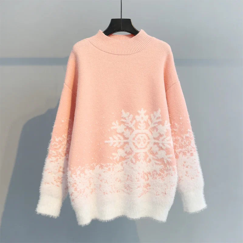 Women's Christmas snowflake pullover sweater round neck