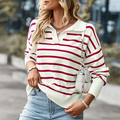 Women's casual v-neck striped knit collar top sweater