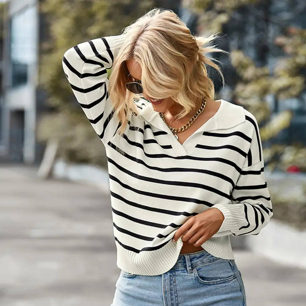 Women's casual v-neck striped knit collar top sweater