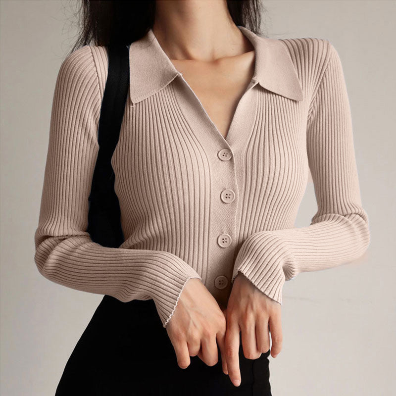 Joy - v-neck knitted lapel neckline long sleeve top