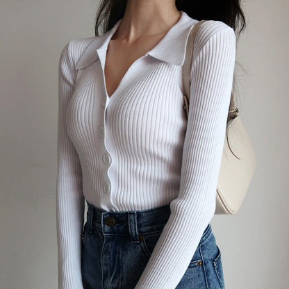 Joy - v-neck knitted lapel neckline long sleeve top