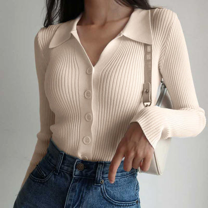 Joy - v-neck knitted lapel neckline long sleeve top