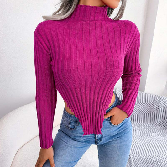 Hannah - asymmetrical long-sleeved knitted sweater with half-high collar