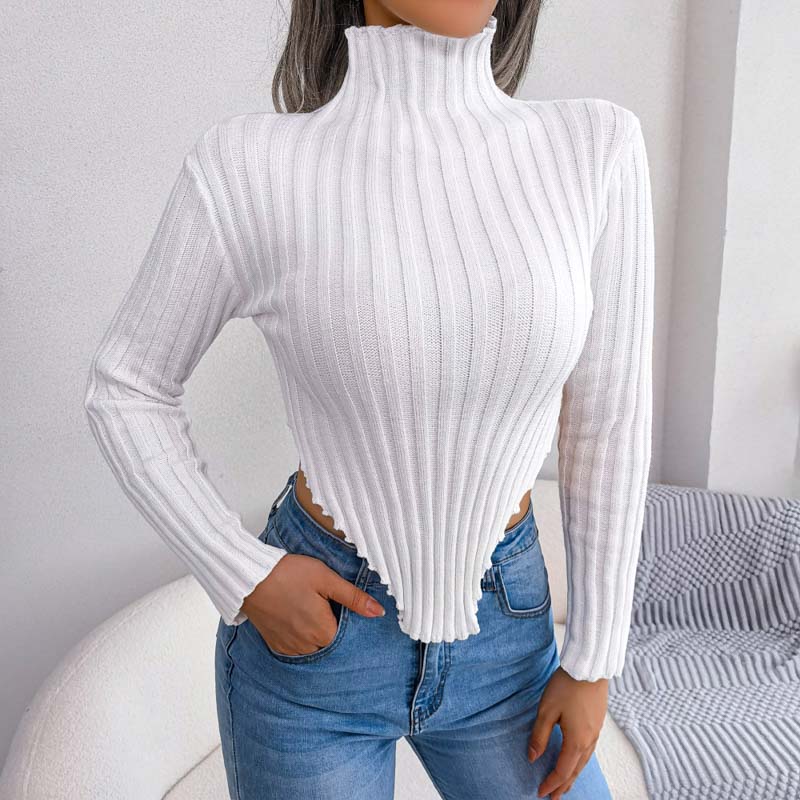 Hannah - asymmetrical long-sleeved knitted sweater with half-high collar