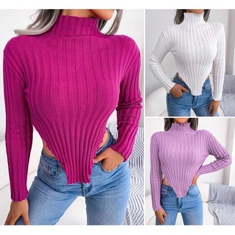 Hannah - asymmetrical long-sleeved knitted sweater with half-high collar