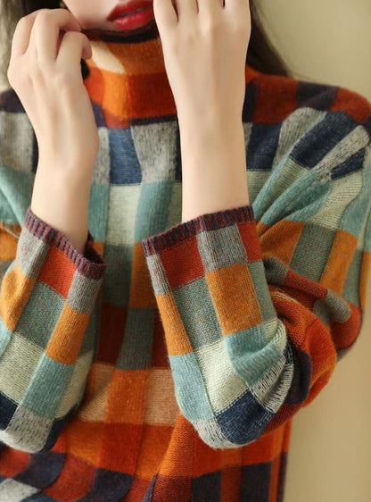 Women colorful checkerboard high-neck knit sweater